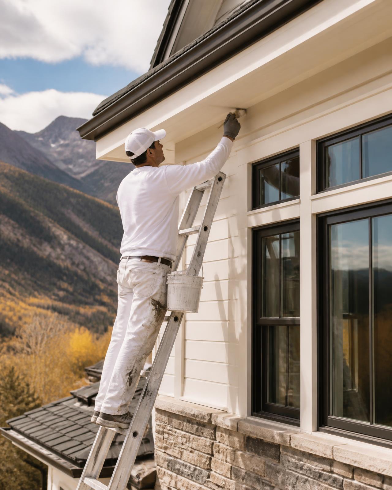 An exterior painter finishing trim on a Colorado home